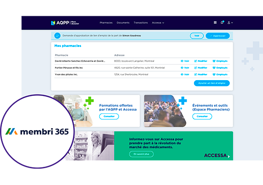 Interface du portail membre avec logo membri 365