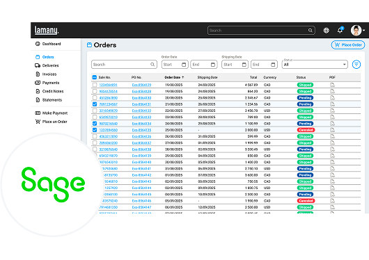 Order management interface with Sage logo