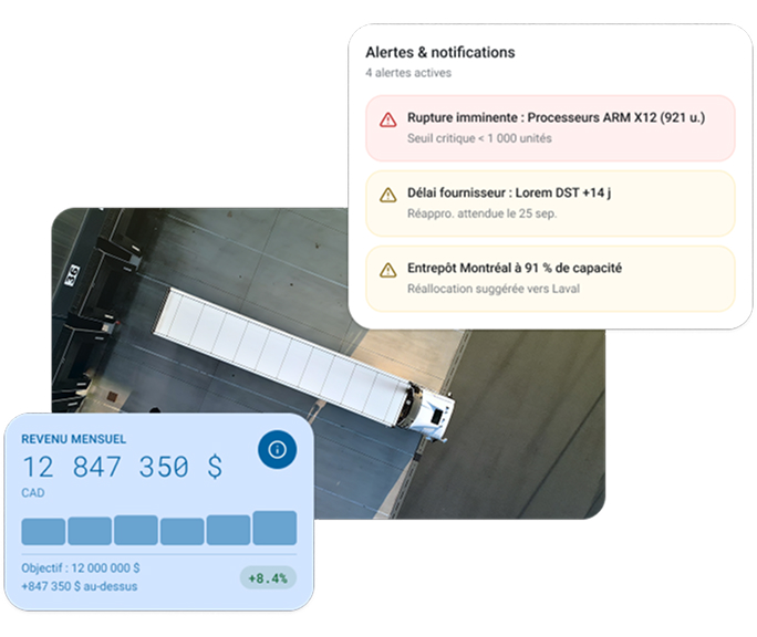 Business management dashboard showing operational alerts and monthly revenue over a warehouse view
