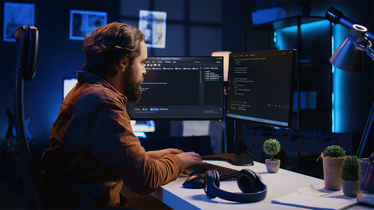 Software developer working at a dual-monitor setup in a modern, ambient-lit office, representing custom application development.