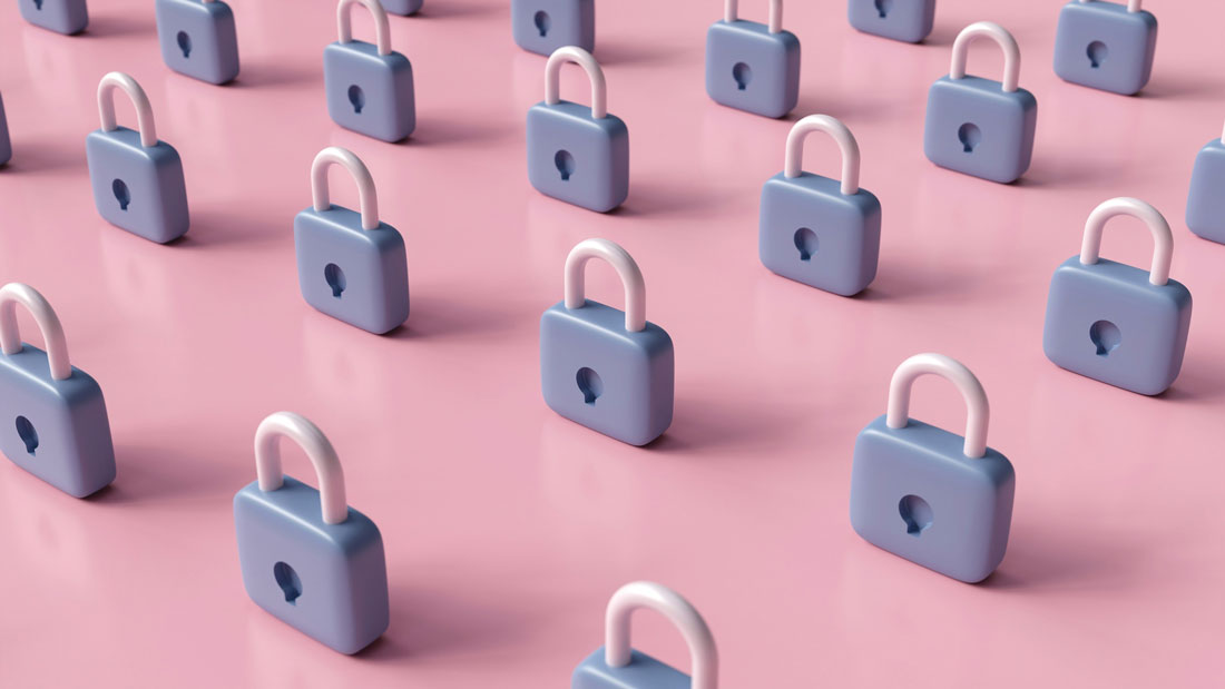 Multiple 3D padlock icons arranged in rows on a pink background, symbolizing security and data protection.