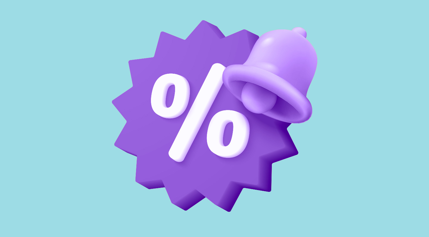 3D illustration of a purple star-shaped icon with a white percentage (%) symbol in the center and a purple alert bell on top, set against a light blue background. The image conveys a concept of percentage, warning, or budget contingency.
